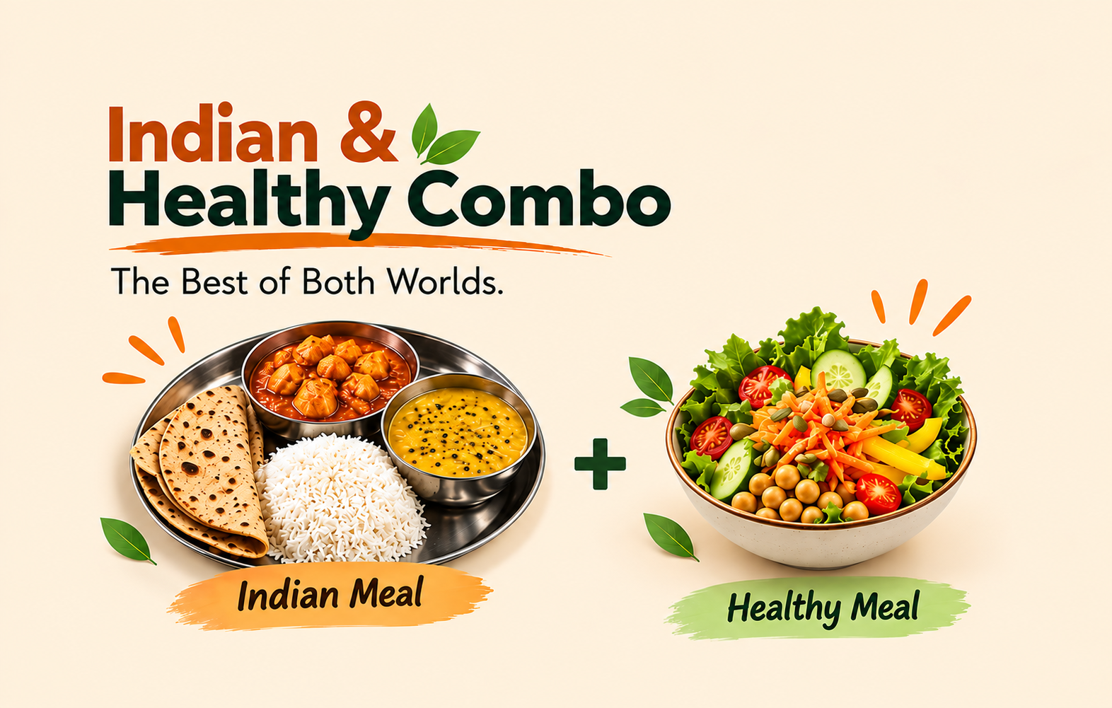 Indian and healthy combo meal with curries, rice and a fresh salad