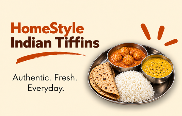 Homestyle Indian tiffin with roti, rice, dal and a main course